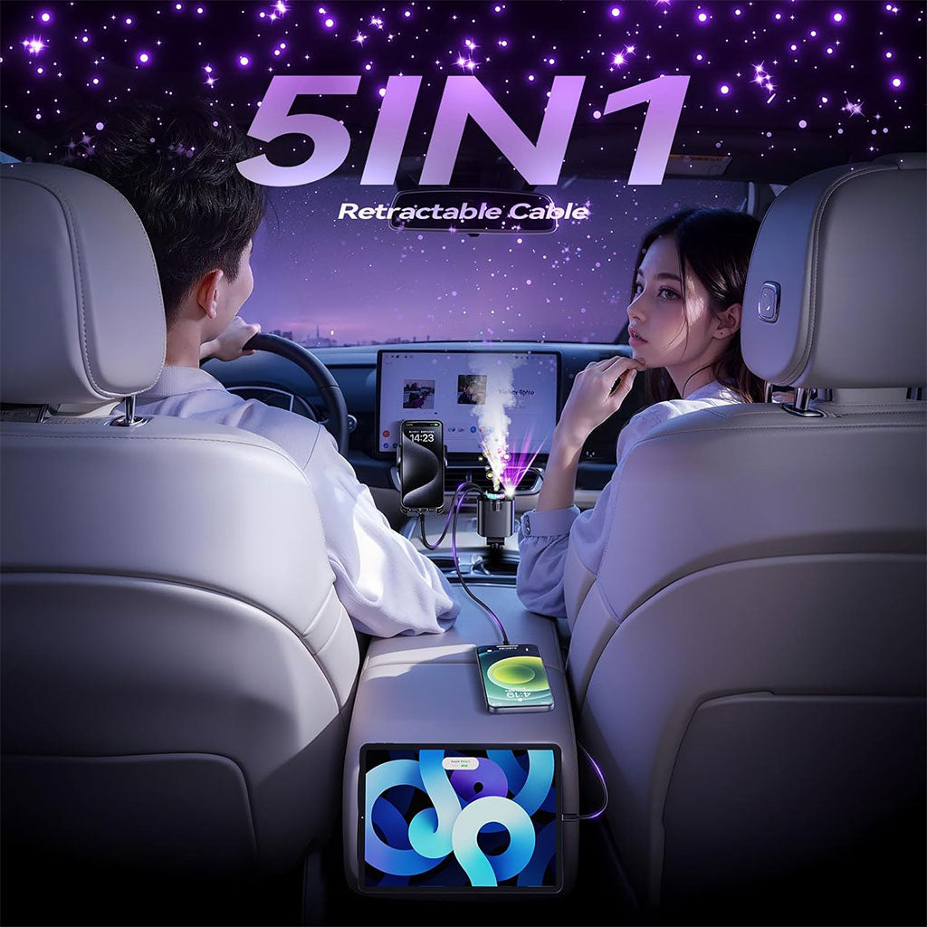 شاحن سيارة 5 في 1  الذكي | موزع عطر/مرطب، شحن سريع ، وإضاءة النجوم +3 روائح مجانية