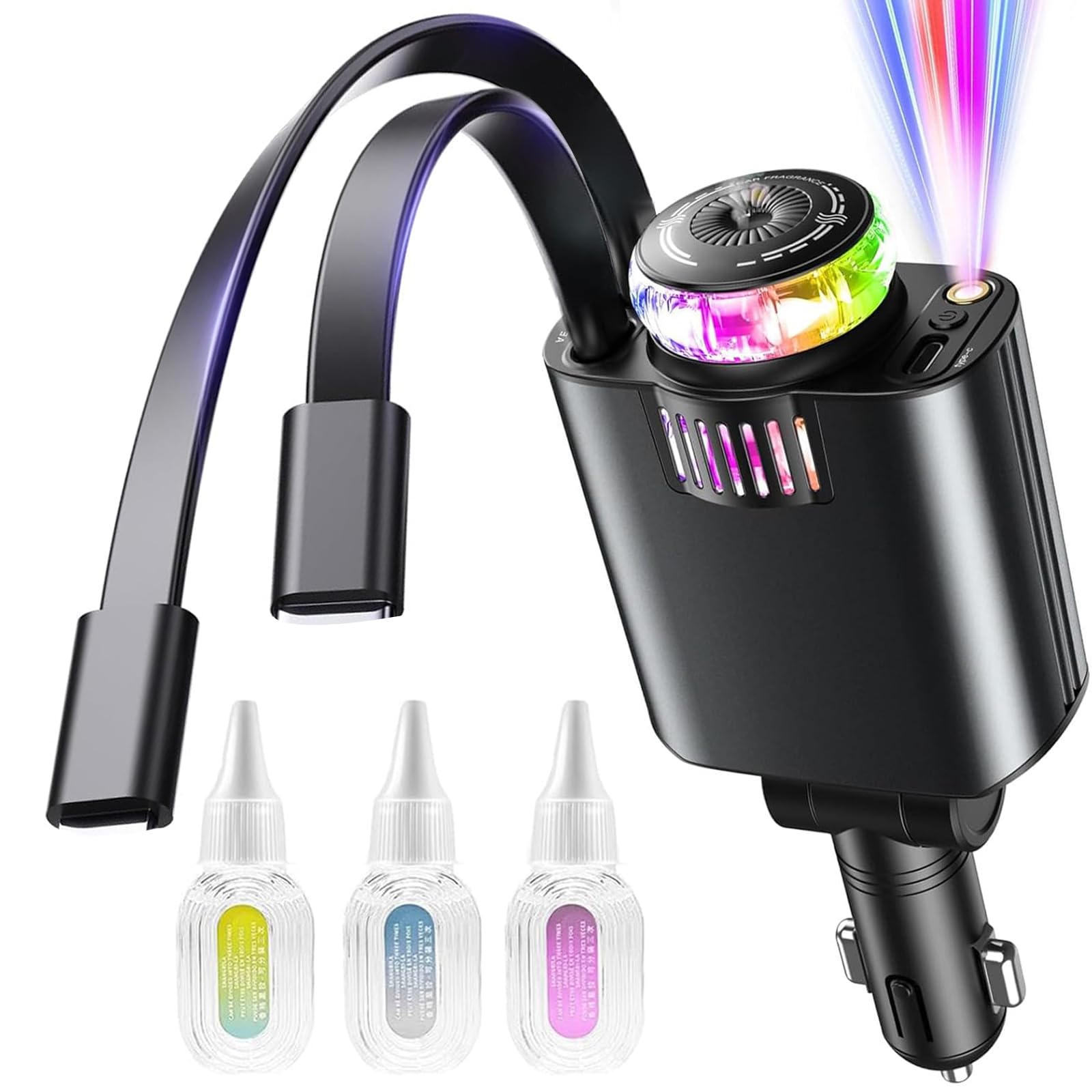 شاحن سيارة 5 في 1  الذكي | موزع عطر/مرطب، شحن سريع ، وإضاءة النجوم +3 روائح مجانية