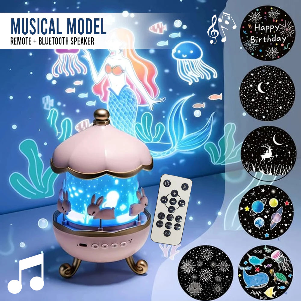 مصباح الأرانب الدوار 3 في 1: جهاز عرض نجوم، سبيكر بلوتوث، وإضاءة ليلية ساحرة